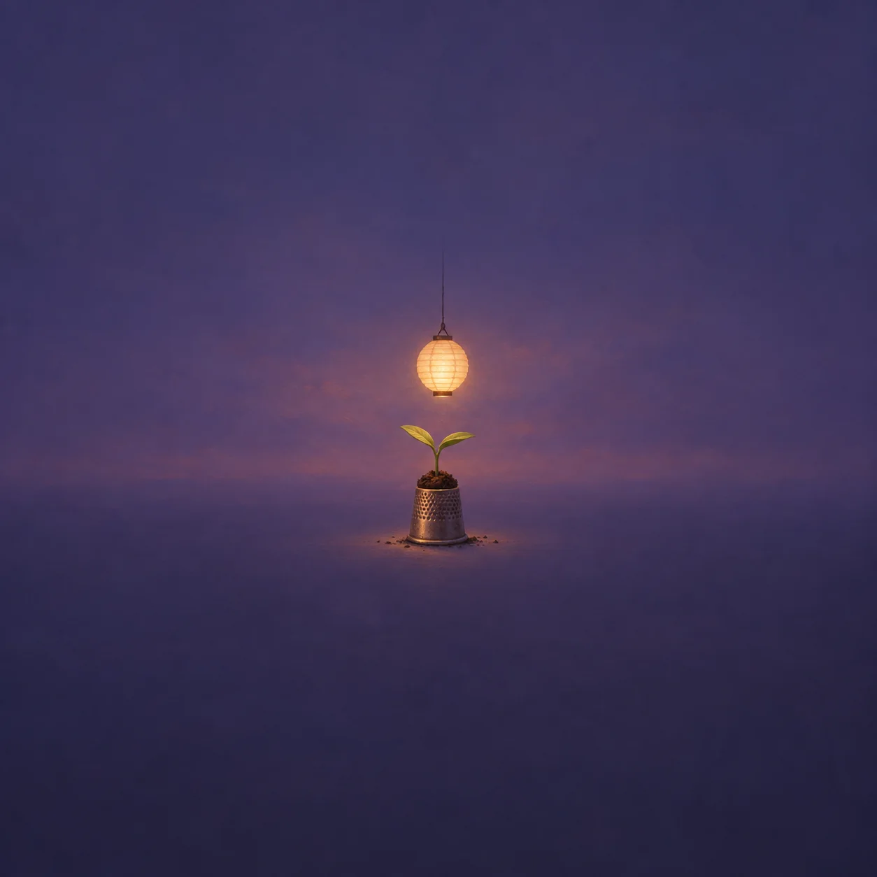 A glowing paper lantern hangs above a small green sprout growing in a thimble of soil against violet.