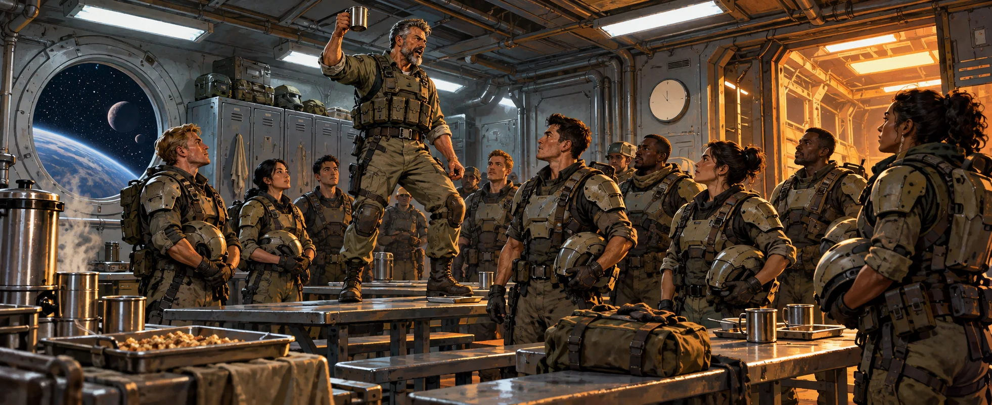 A burly sergeant stands on a mess-hall table addressing a squad of marines aboard a starship.