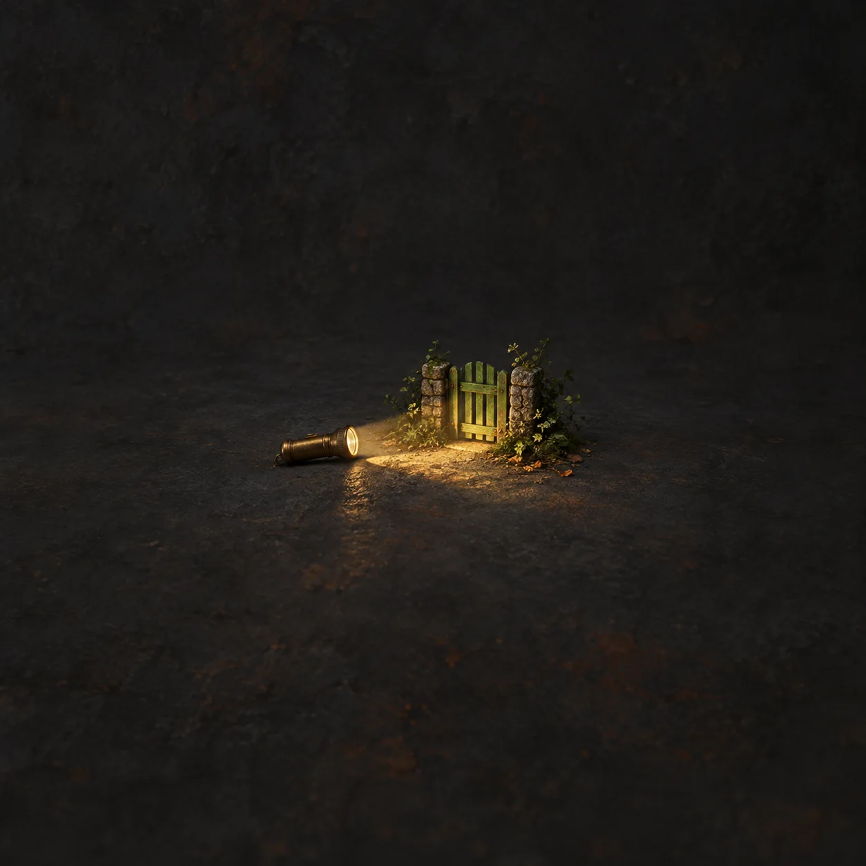 A small brass flashlight casting a gold beam across a dark floor toward a tiny green gate.