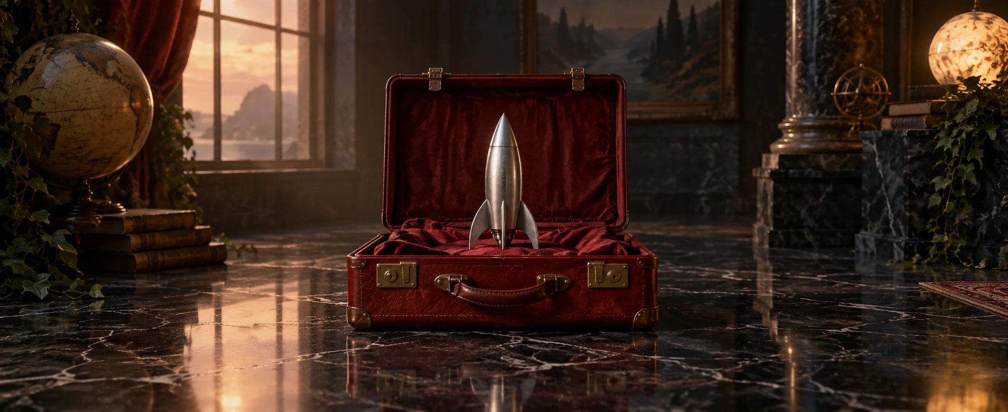 A tiny unmarked silver rocket stands inside an open red leather suitcase on a dark marble floor.