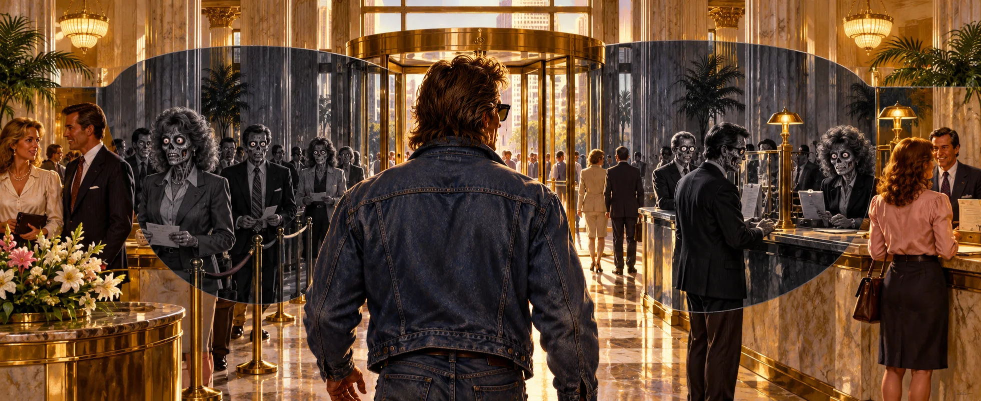 A man in a denim jacket walks into a marble bank lobby where, through the dark lenses of his view, some customers have skull-like alien faces.