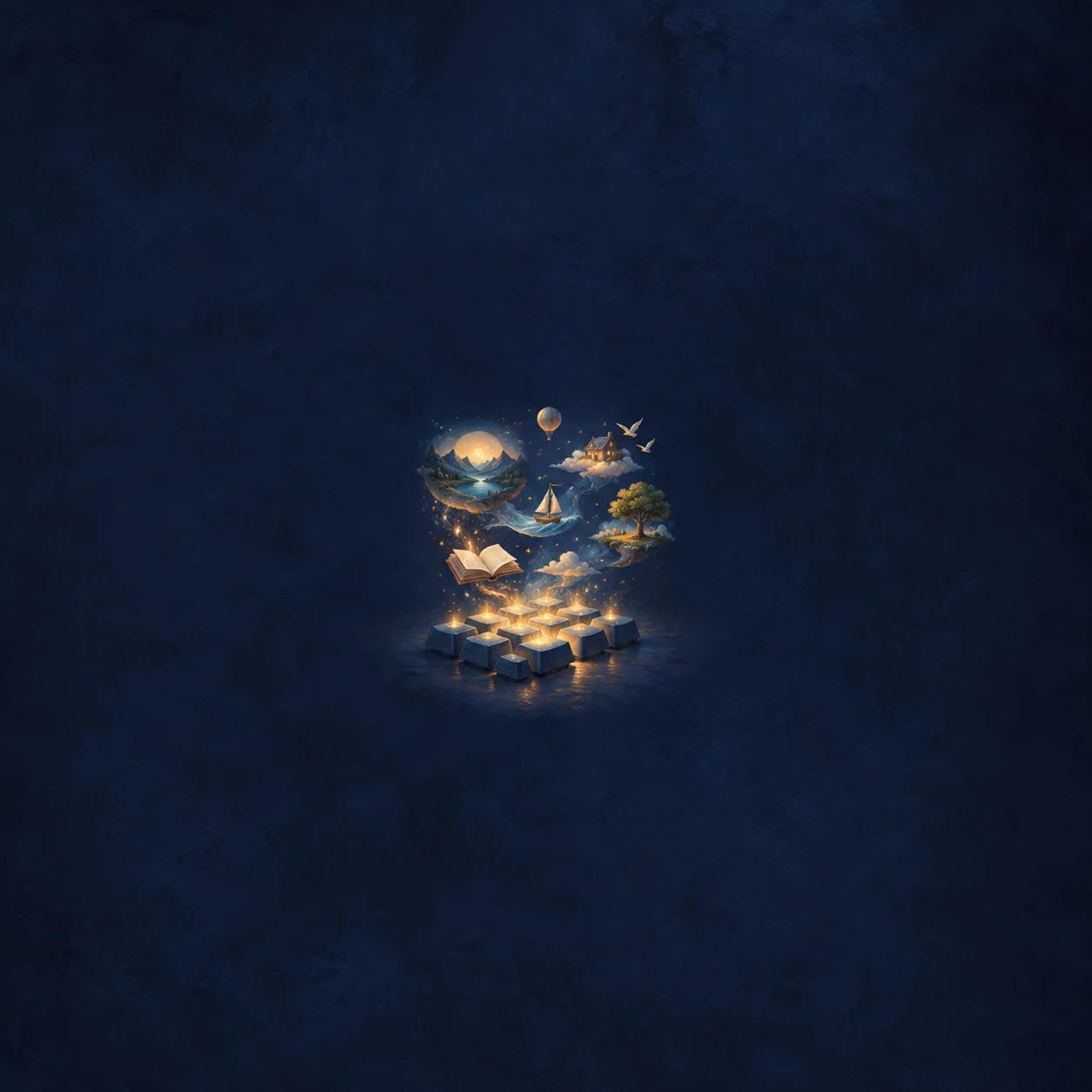 Glowing keyboard keys release tiny floating landscapes, an open book, a sailboat and golden sparks against a dark blue background.