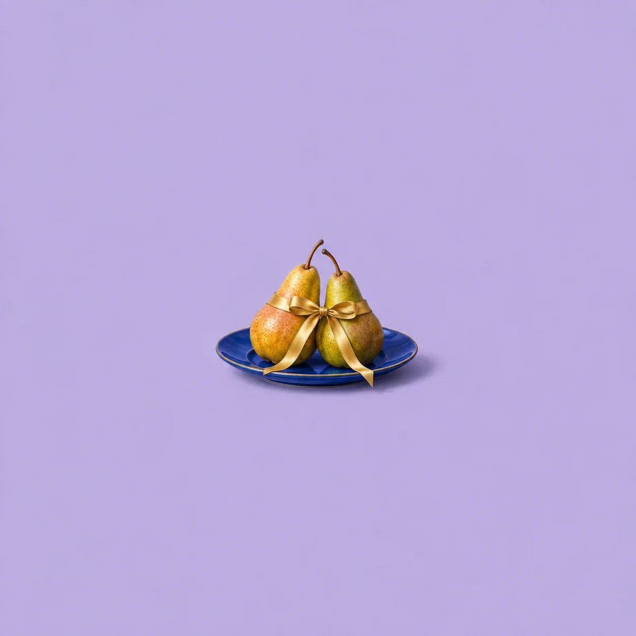 Two ripe pears tied together with gold ribbon rest on a blue plate against lilac.