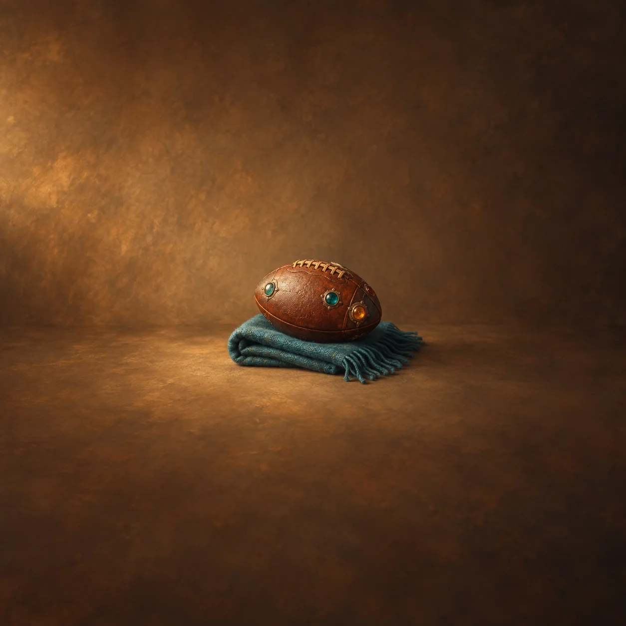 A brown football decorated with small jewel-like insets rests on a folded teal scarf against a warm golden background.