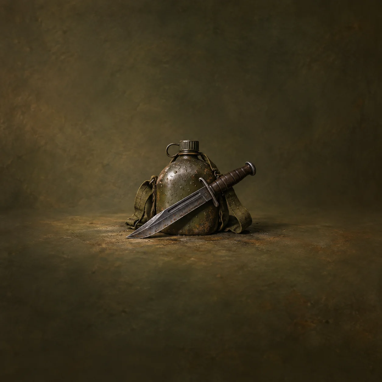 Painterly dark combat knife leaning across a worn olive canteen on a brown surface.