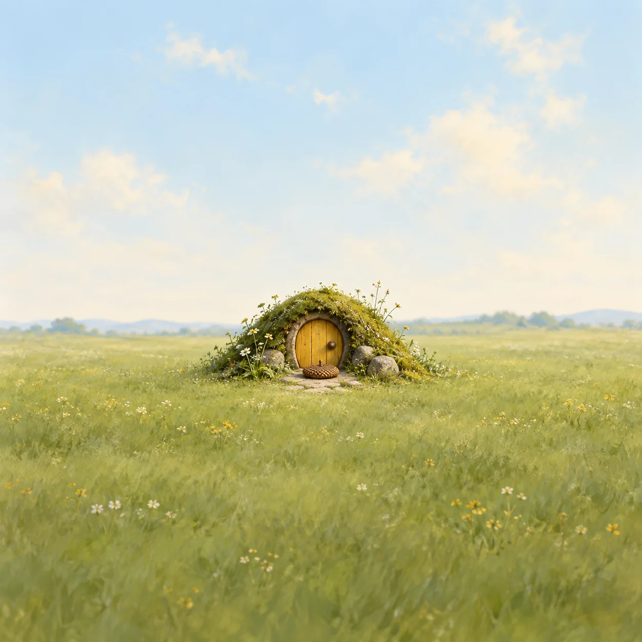 A small round yellow door set into a grassy, flower-covered mound in a sunlit meadow.