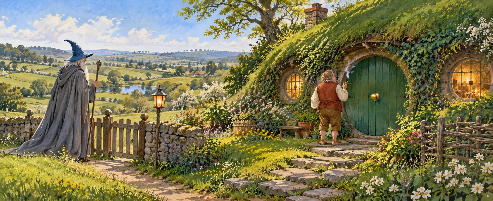 A round green door with a brass knob set in a grassy hill, a hobbit in a waistcoat at the door and a tall wizard in a pointed blue hat at the gate.