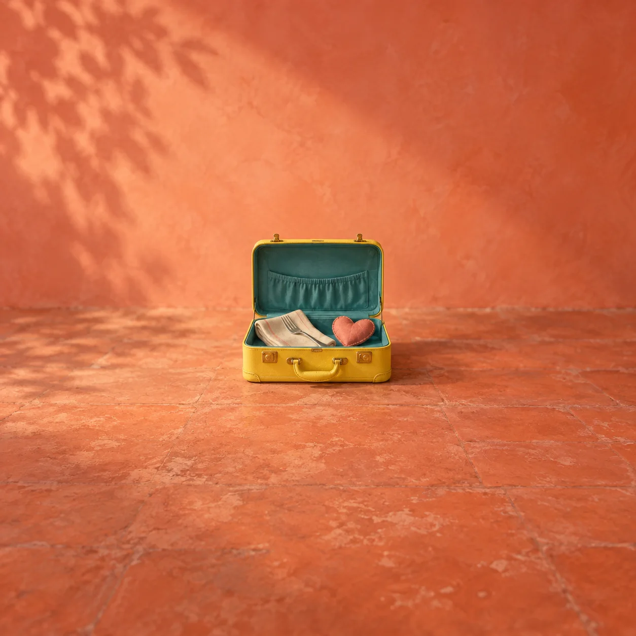 An open yellow suitcase containing folded cream fabric and a small pink heart cushion on a terracotta floor.