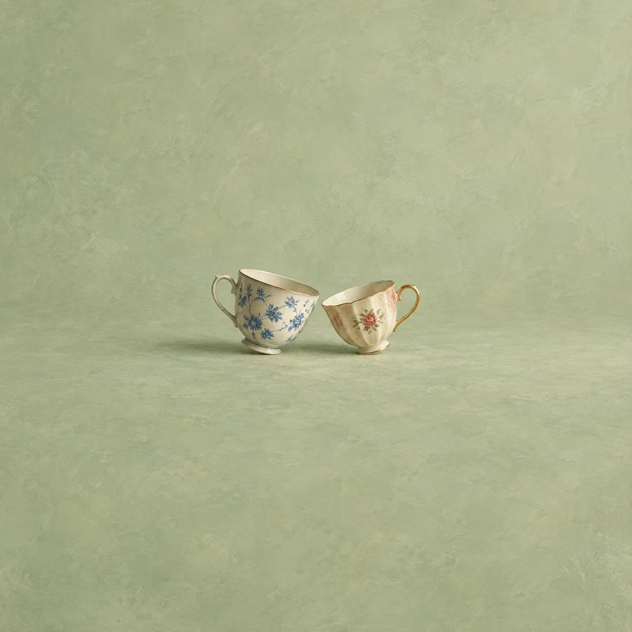 Two different empty teacups leaning toward each other on a pale green surface.