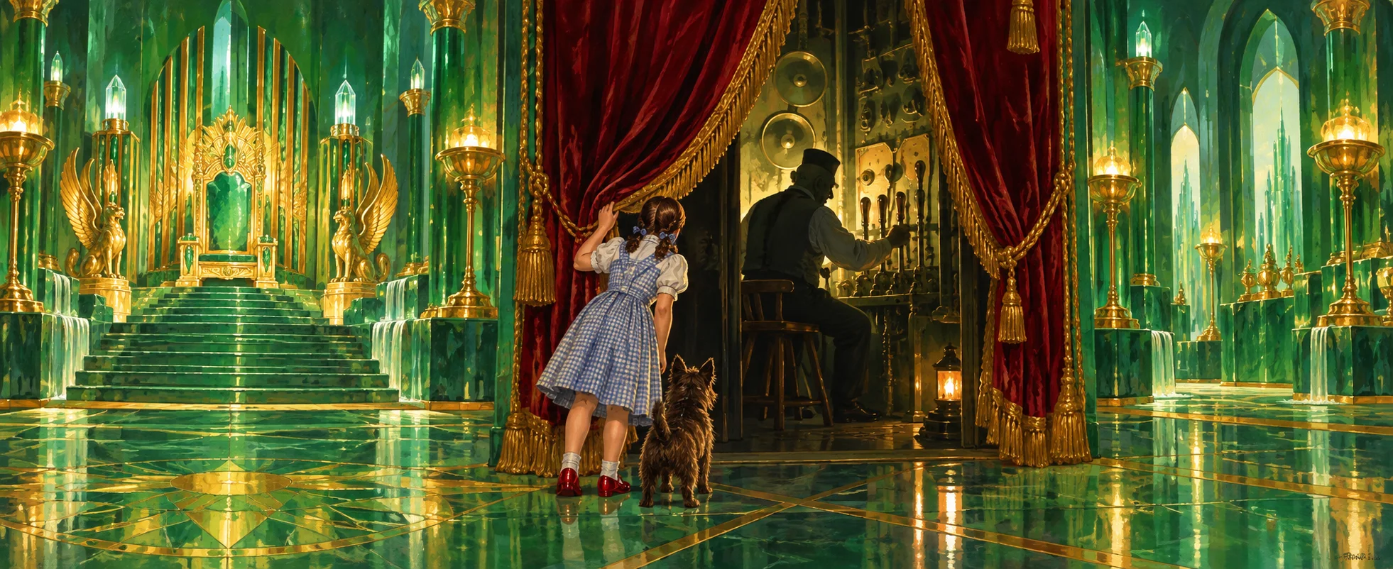 A girl in a gingham dress and her small dog peer behind a red curtain in a green throne room, where a man works levers at a control booth.
