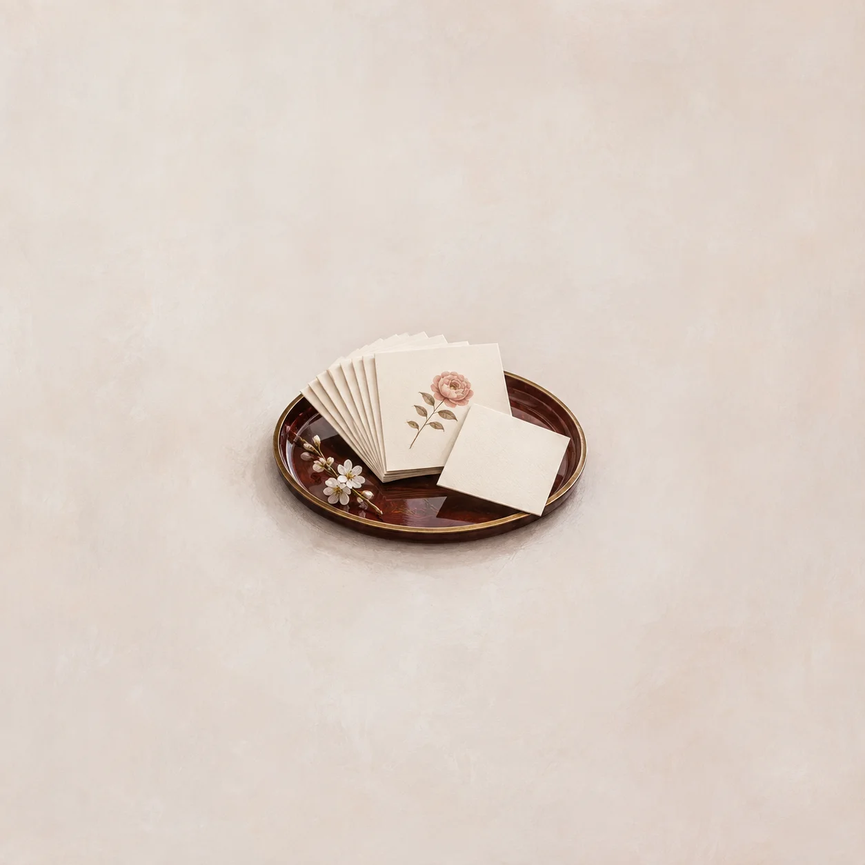 Cream cards decorated with a rose are fanned on a dark lacquered tray beside a blank card and small white flowers.
