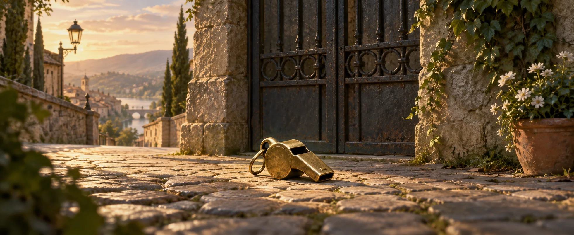 A plain brass whistle rests beside a closed dark gate on a sunlit cobbled street.
