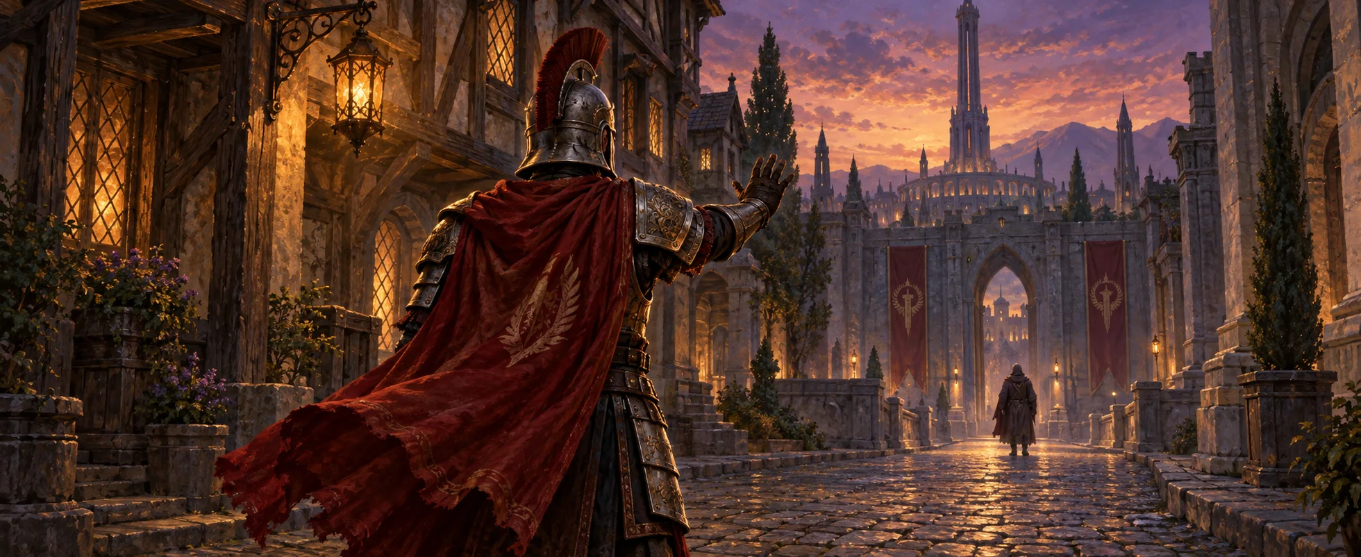 An armoured city guard in a red cloak raises a hand in challenge on a cobbled street of an imperial city at dusk.