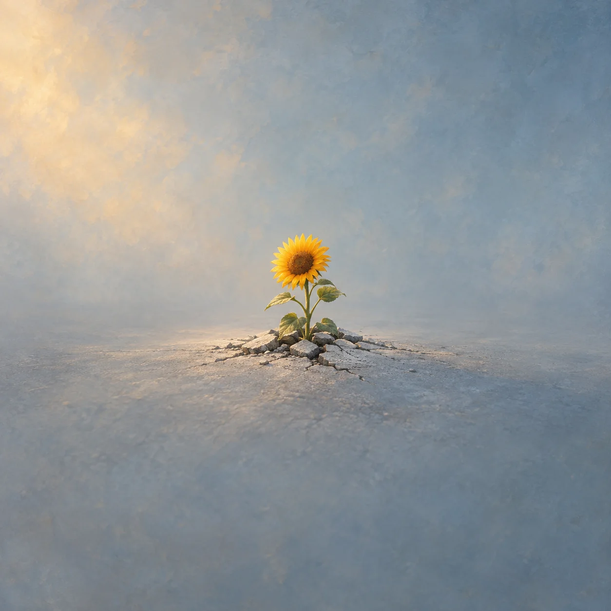 Painterly yellow sunflower growing through broken grey pavement beneath soft golden light.