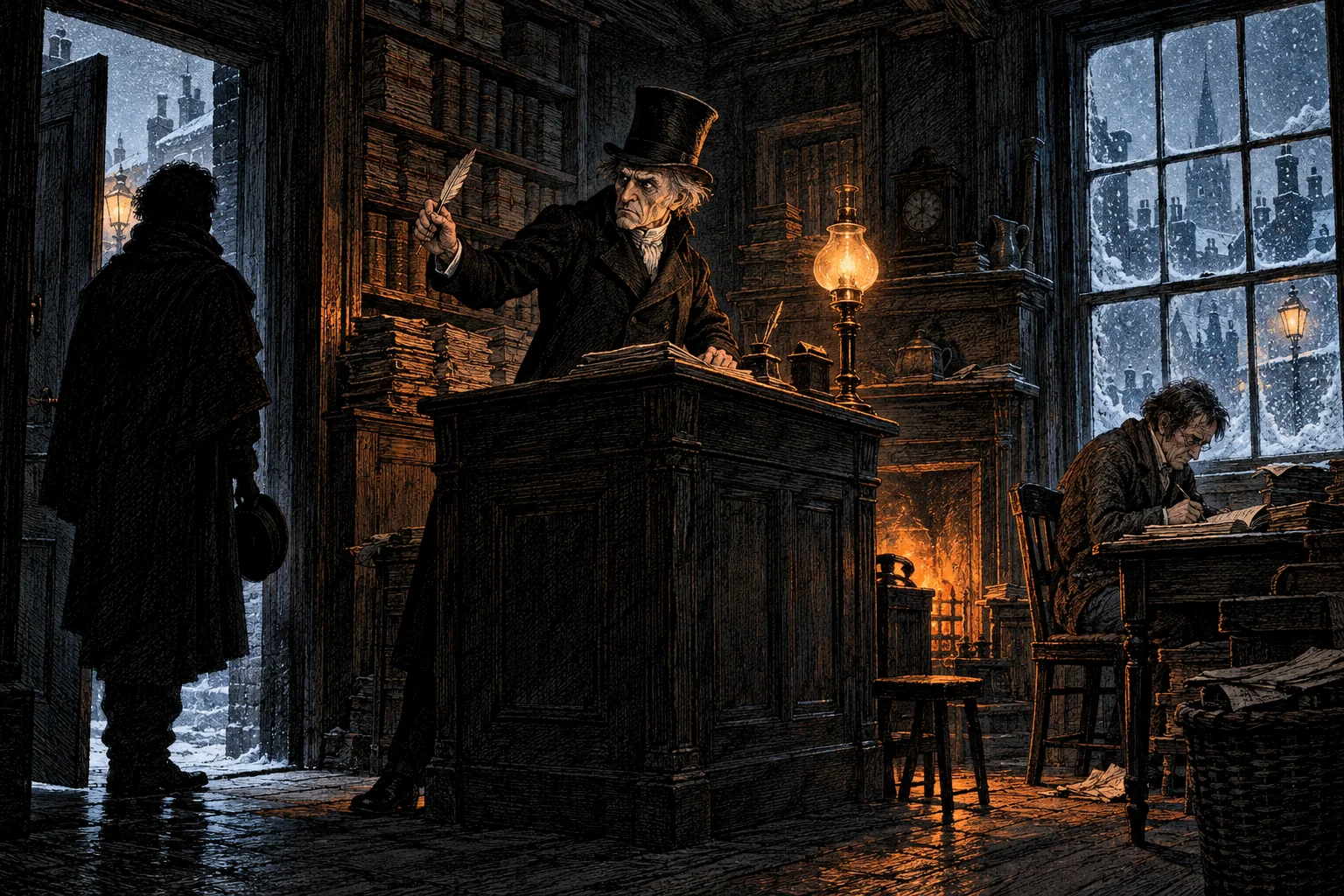 A thin old man in a top hat waves away a cloaked visitor from his tall desk in a cold candlelit counting house, a clerk shivering nearby.