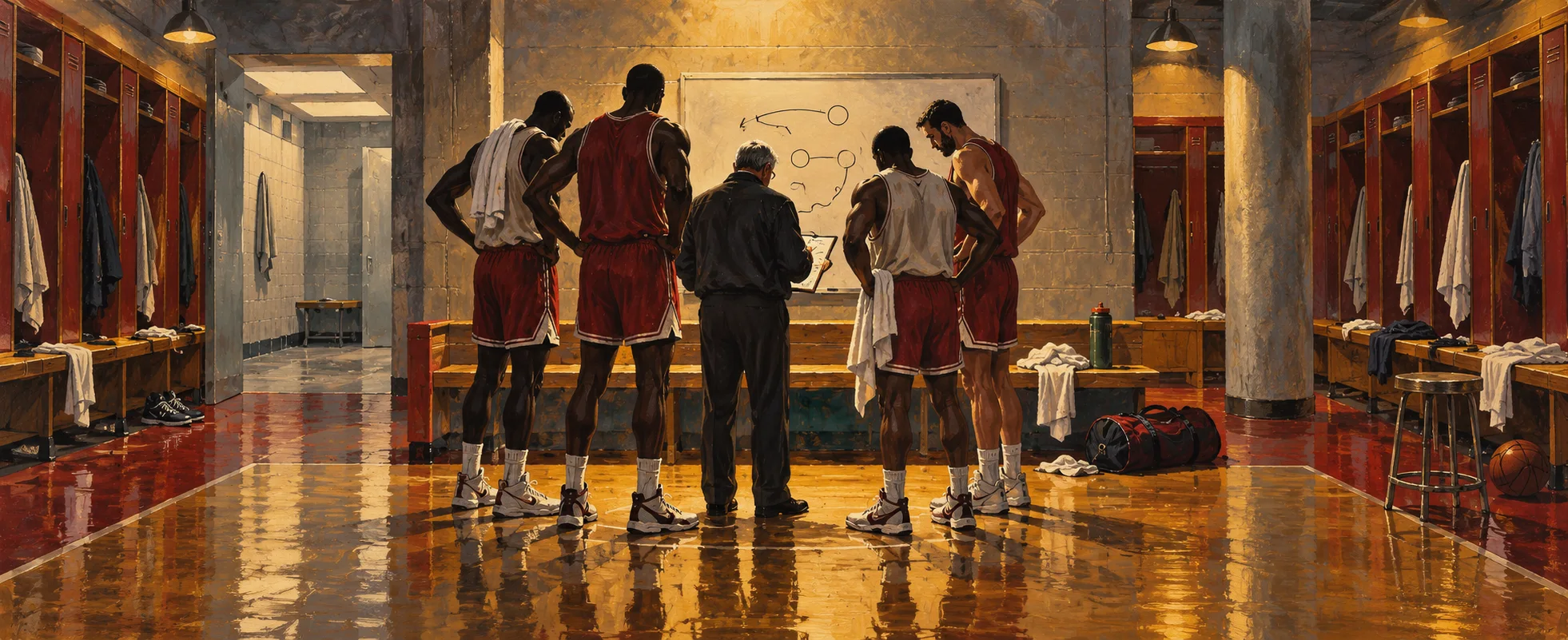 Basketball players in red warm-ups gather around their coach at a whiteboard play diagram in a polished locker room.