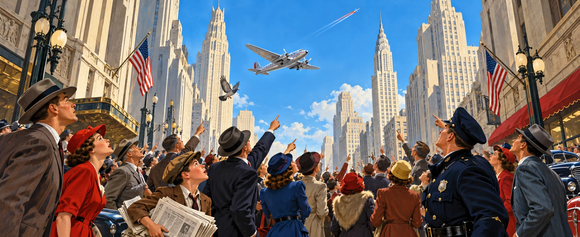 A 1940s city crowd stops in the street to point up at the sky past a pigeon and a silver propeller plane, a newsboy and a policeman among them.