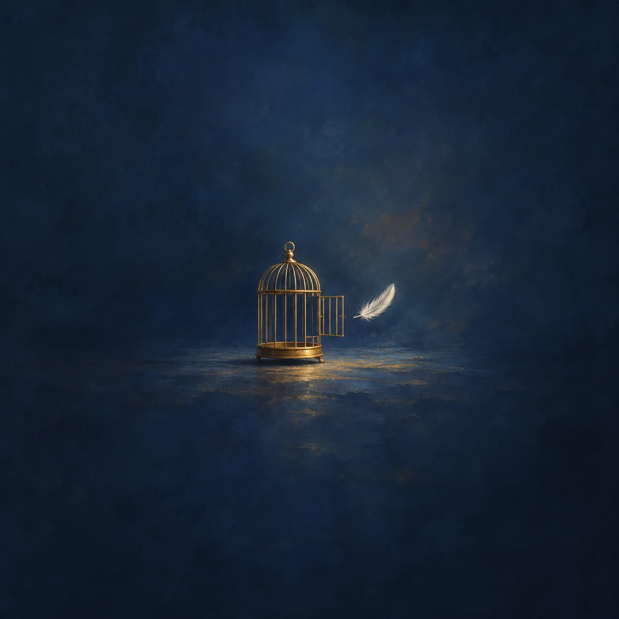An open brass birdcage stands beside a floating white feather against a deep blue background.