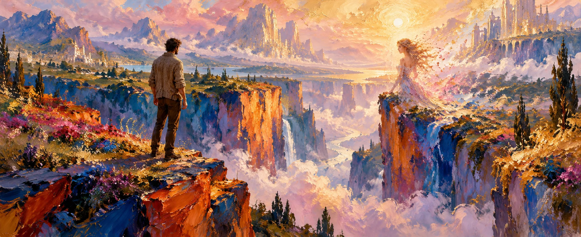 A man stands at the edge of a canyon in a painted, impressionist afterlife landscape, looking toward a faint woman's figure across the gulf.