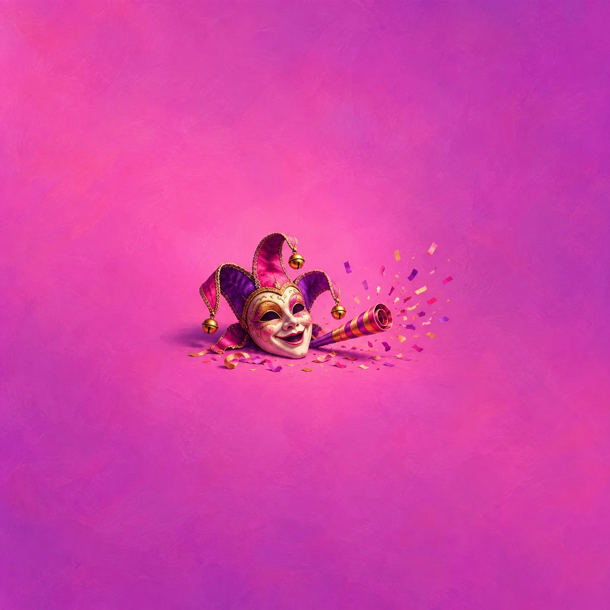 Painterly jester mask and curled party horn with scattered confetti against bright pink.