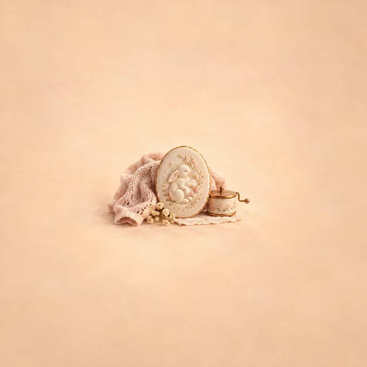 An oval cream relief of a mother and baby beside folded pink knitting and a small wind-up music box.