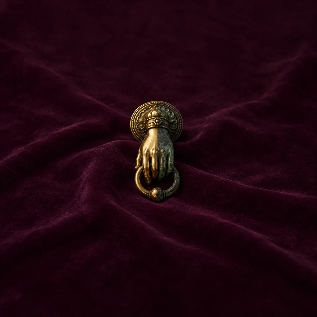 A brass hand-shaped door knocker, partly bright and partly green with tarnish, rests on burgundy velvet.