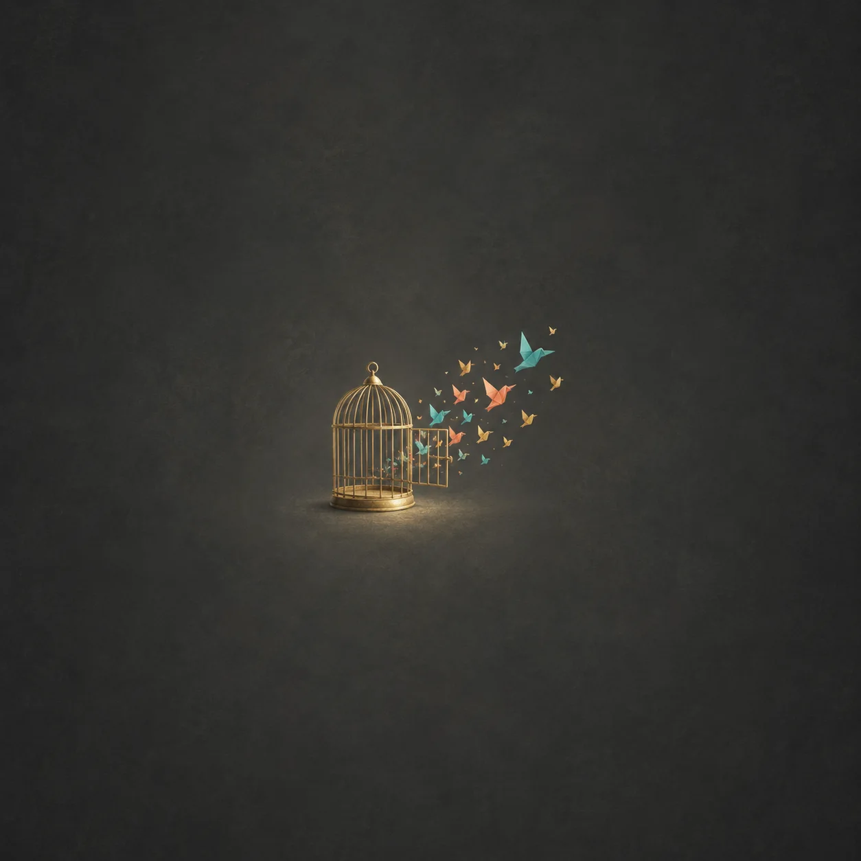 An open gold wire birdcage releases small colourful paper birds against a dark background.