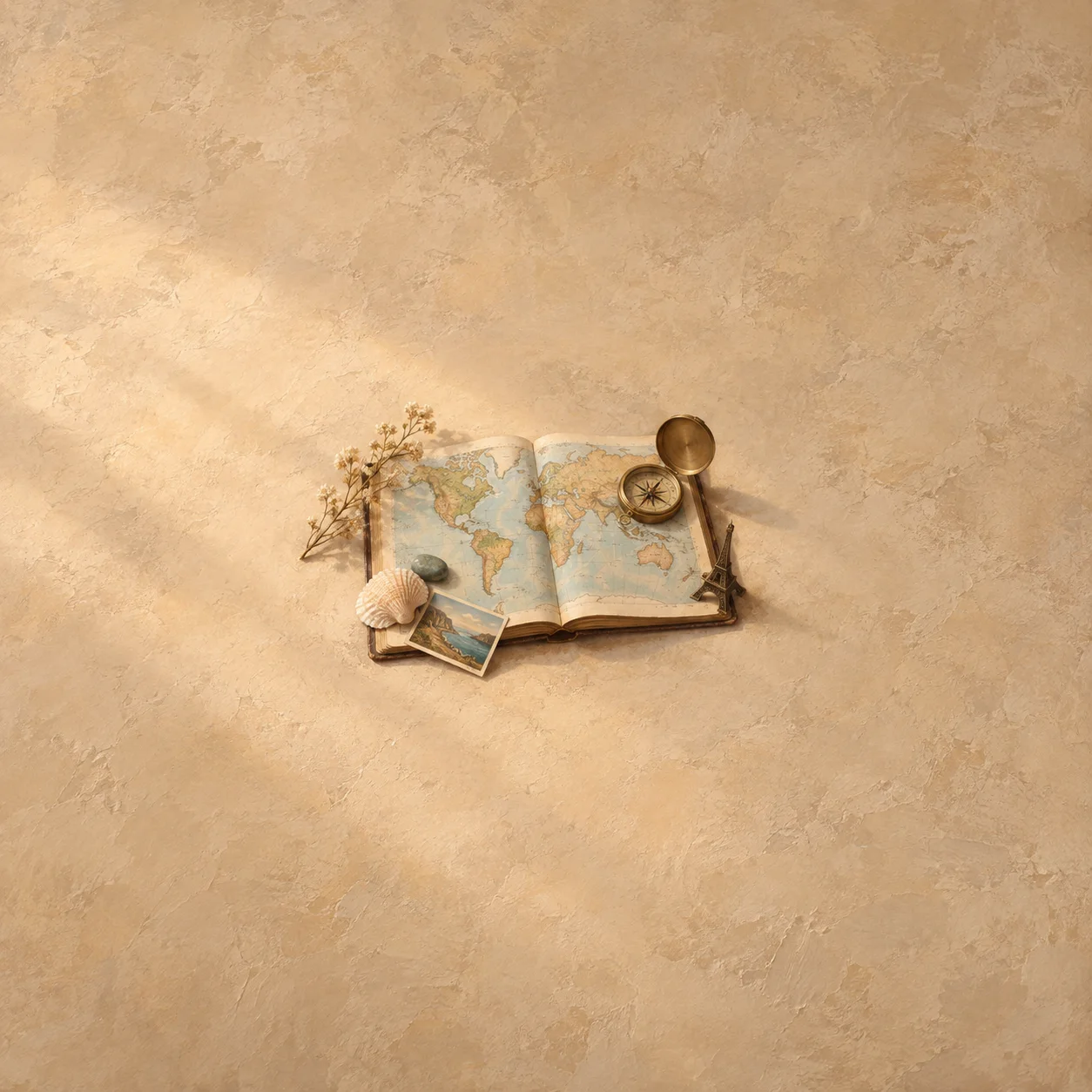 Painterly open atlas with a brass compass, wooden spoon and shell on warm cream.