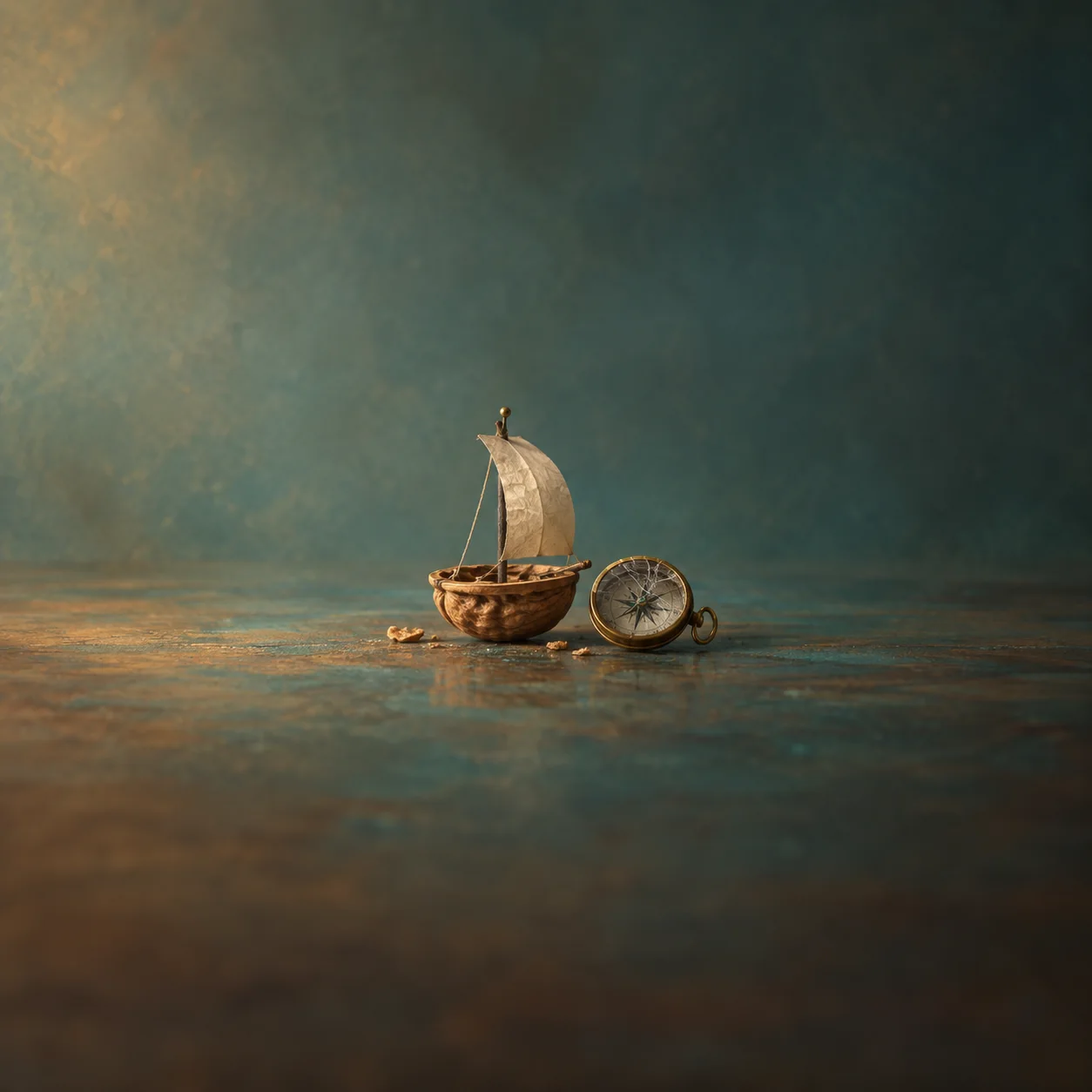 A model ship made from a walnut shell with a pale sail beside a brass compass on a teal surface.