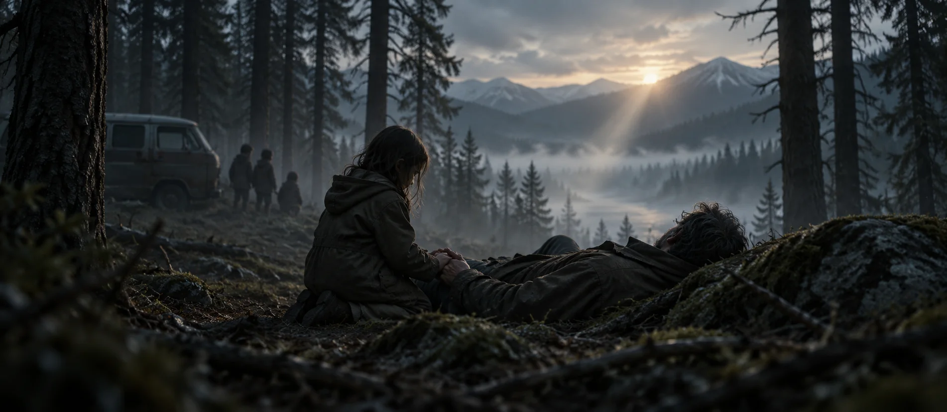 A girl kneels by a freshly dug grave in a misty mountain forest, other children waiting by a van behind.