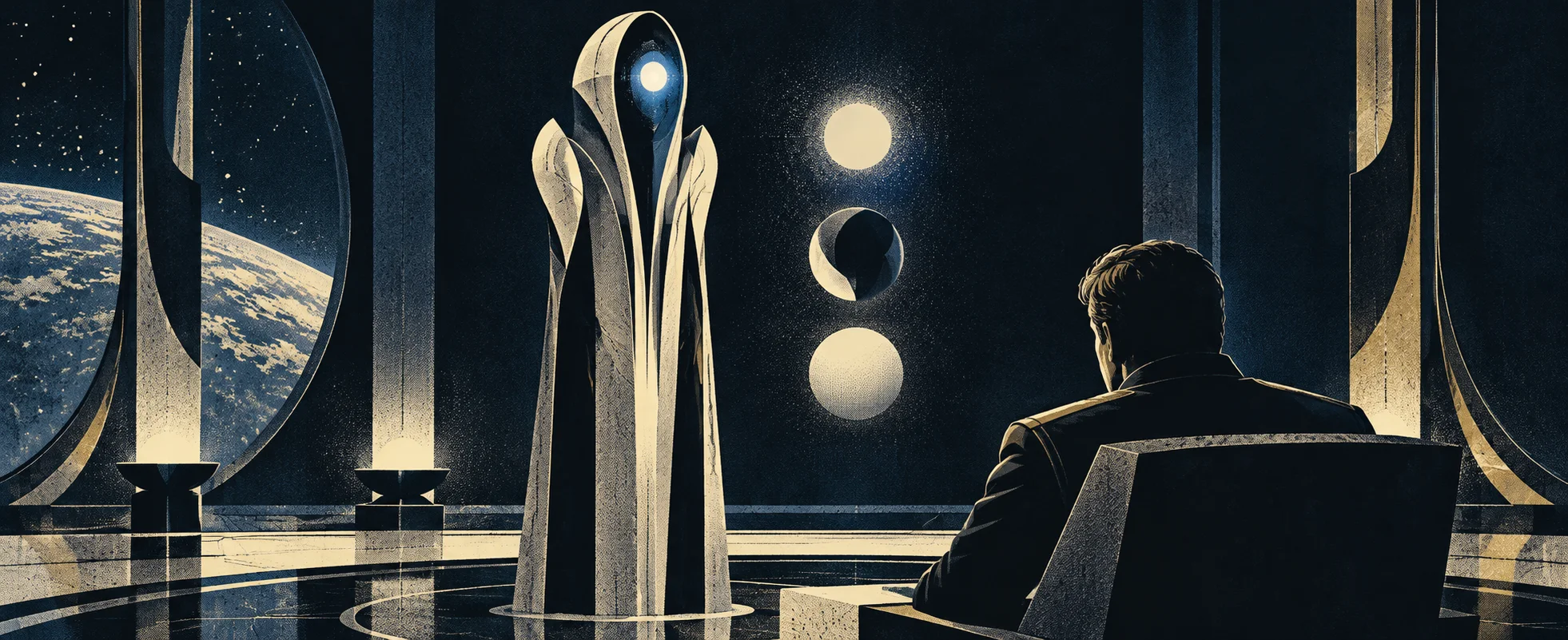 A tall, sealed white alien encounter suit with a single glowing lens stands before a seated man, three light shapes hanging between them, one bright, one dark, one blank.