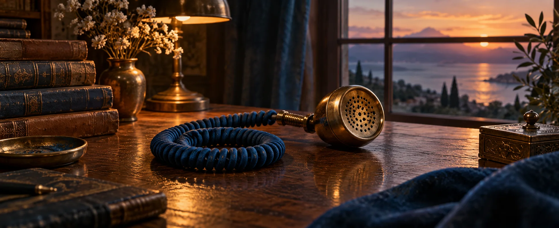 A coiled blue radio cord lies beside a small brass receiver on a dark wooden desk.