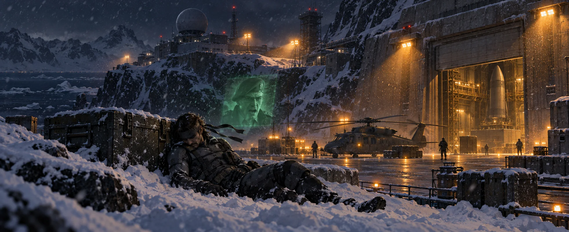 A soldier in a sneaking suit lies out cold in the snow outside an Alaskan weapons facility at night, a green radio screen glowing above him.