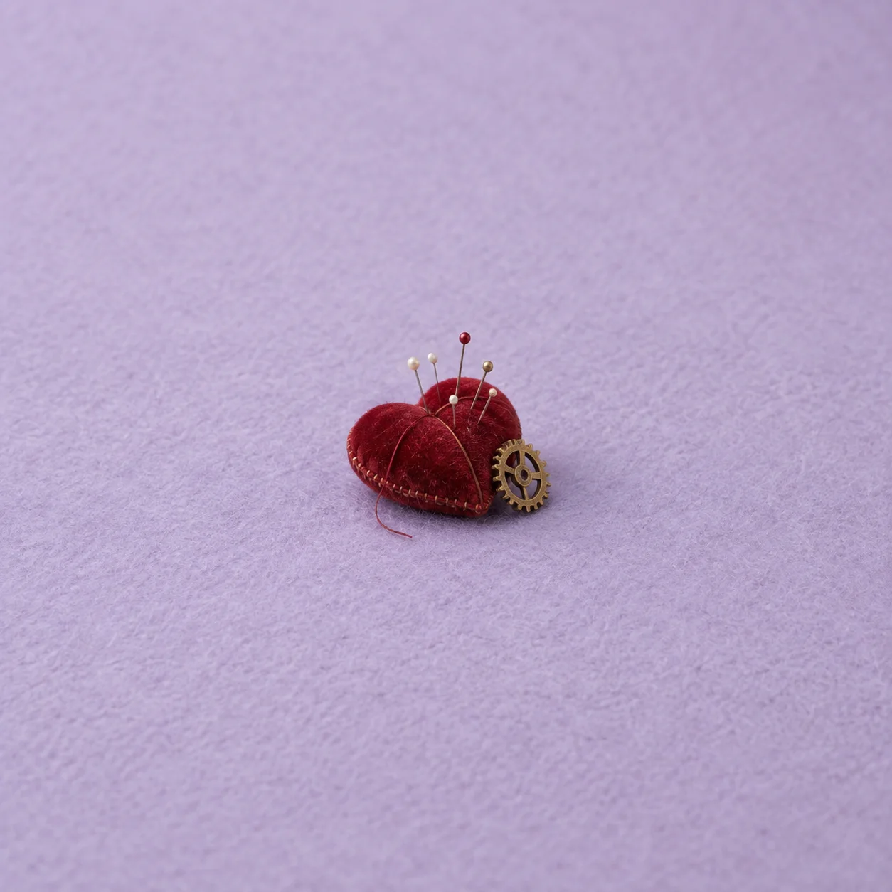 A red velvet heart pincushion beside a brass gear on lavender felt.