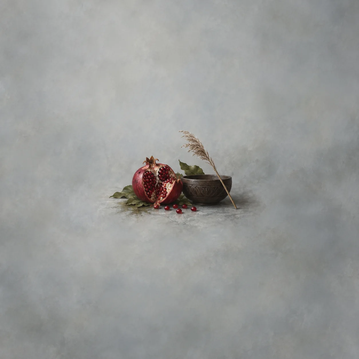 A cut pomegranate rests beside a dark wooden bowl and a leaning reed against grey.