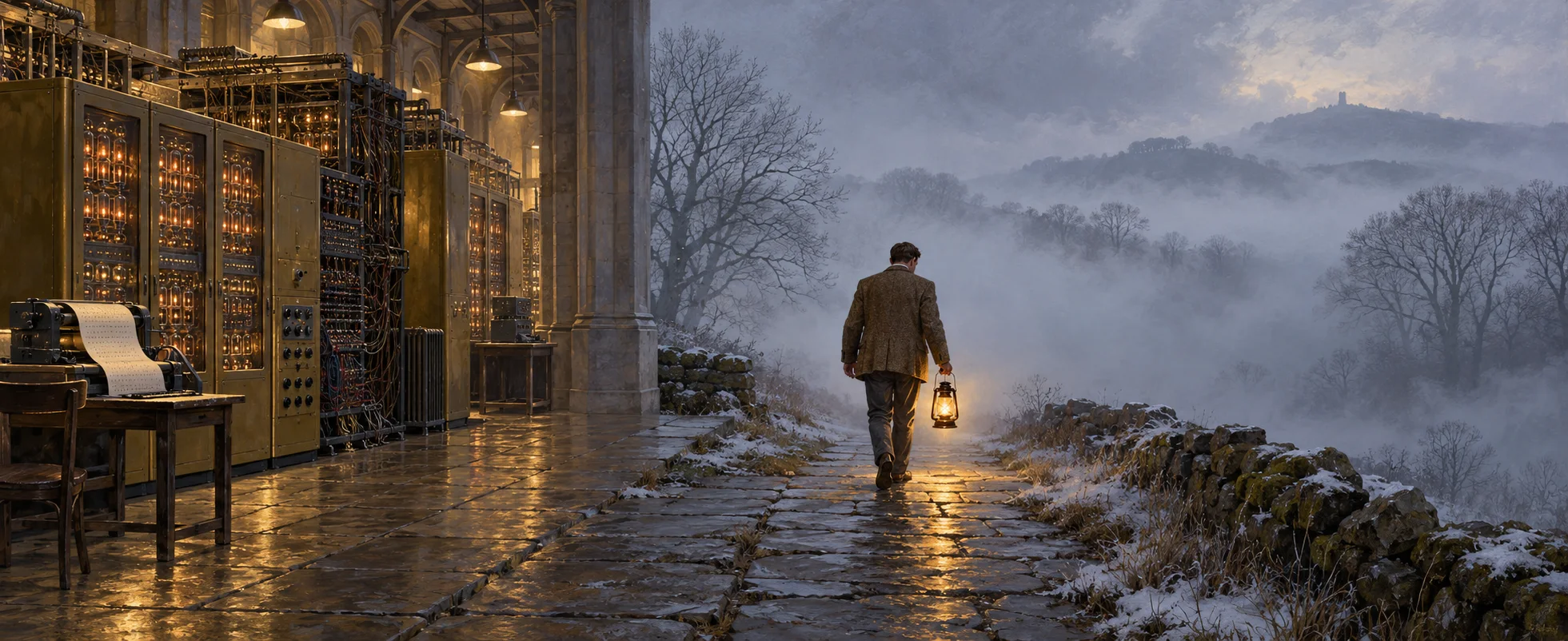 A man with a lantern walks from a hall of early computing machines out onto a misty path into a foggy winter landscape.