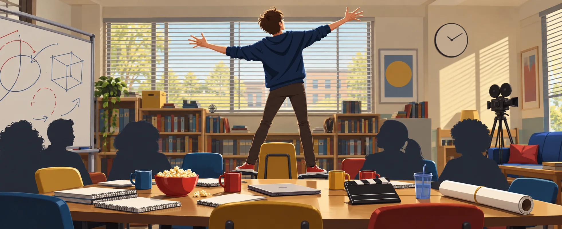 A young man stands on a chair with arms flung wide in a sunny college study room, his friends shown as silhouettes around a table of mugs and notebooks.