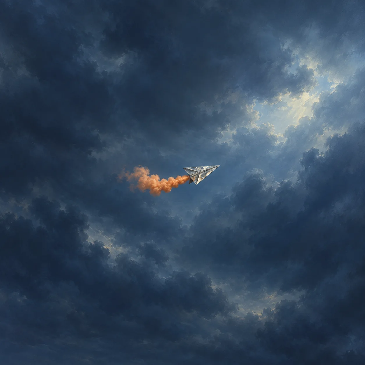 A folded metallic paper airplane trails orange smoke through a stormy blue sky.