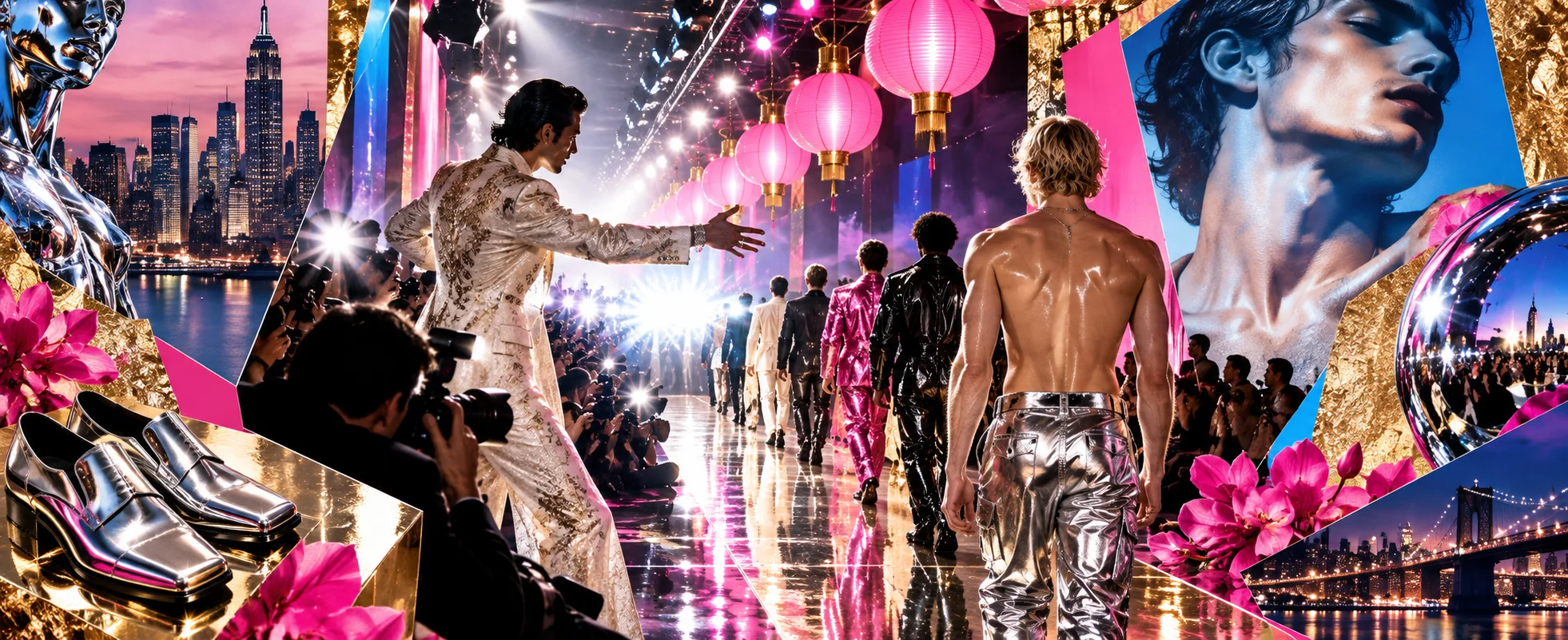 A flamboyant designer gestures at a dazzling runway of models and flashing cameras in a pop-art collage of New York.
