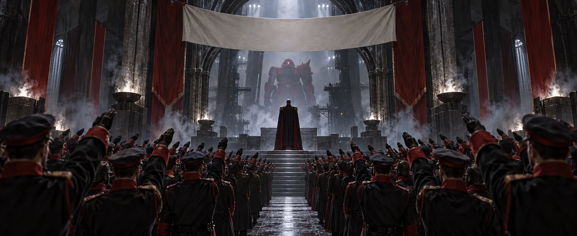 Rows of uniformed soldiers raise their arms in salute toward a figure on a dais in a vast red-draped hall, a giant red war machine behind him.