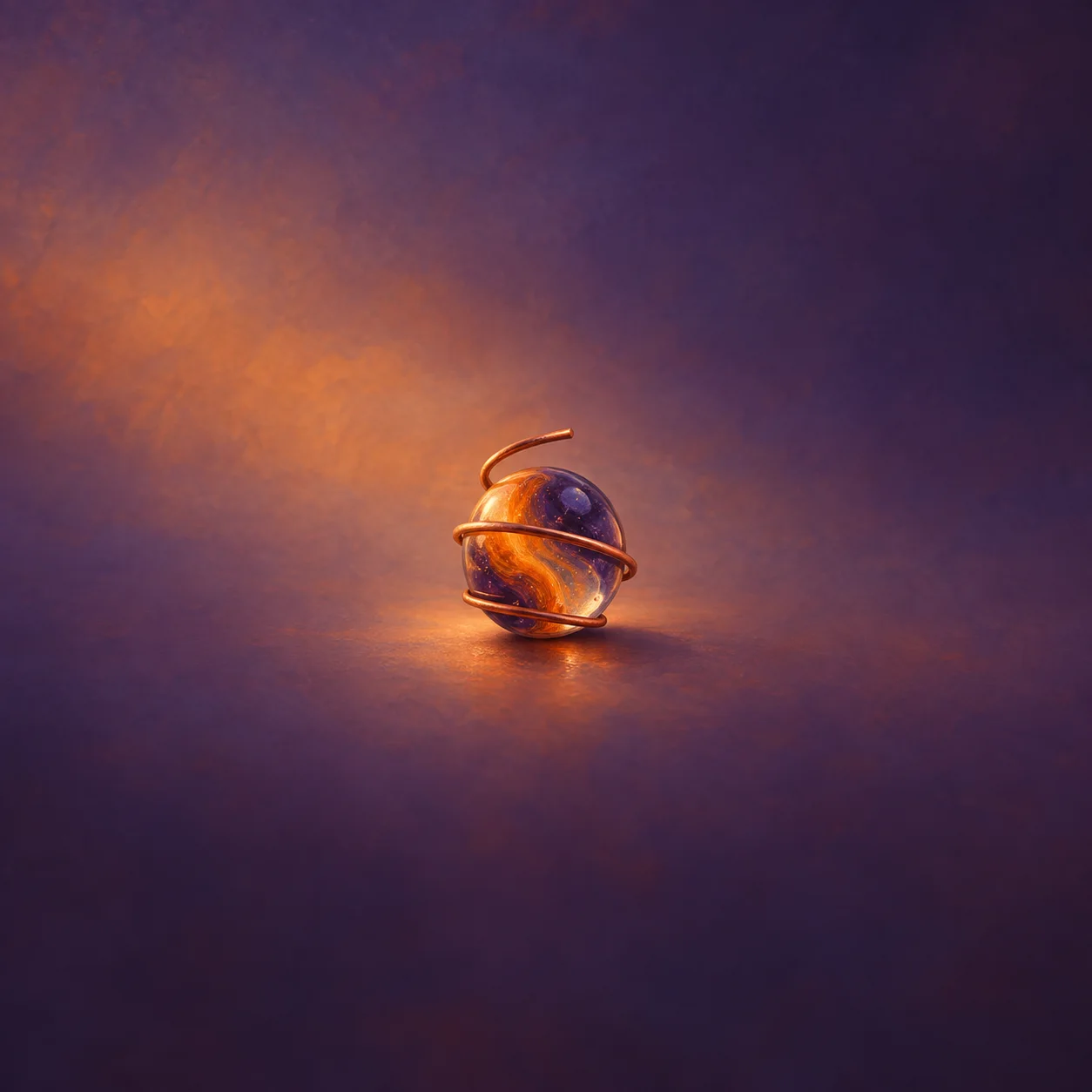 Copper wire curls around an uneven glass marble against glowing violet and orange.