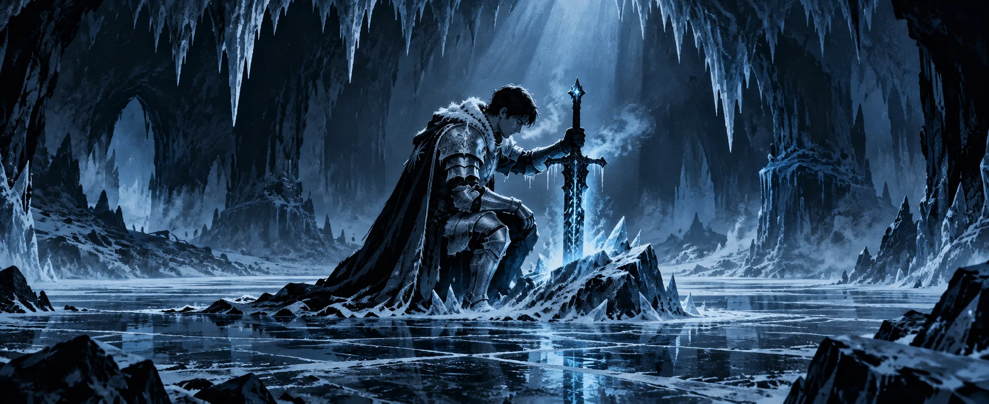 An armoured prince kneels in an ice cavern, gripping a runed sword driven into the frozen ground.