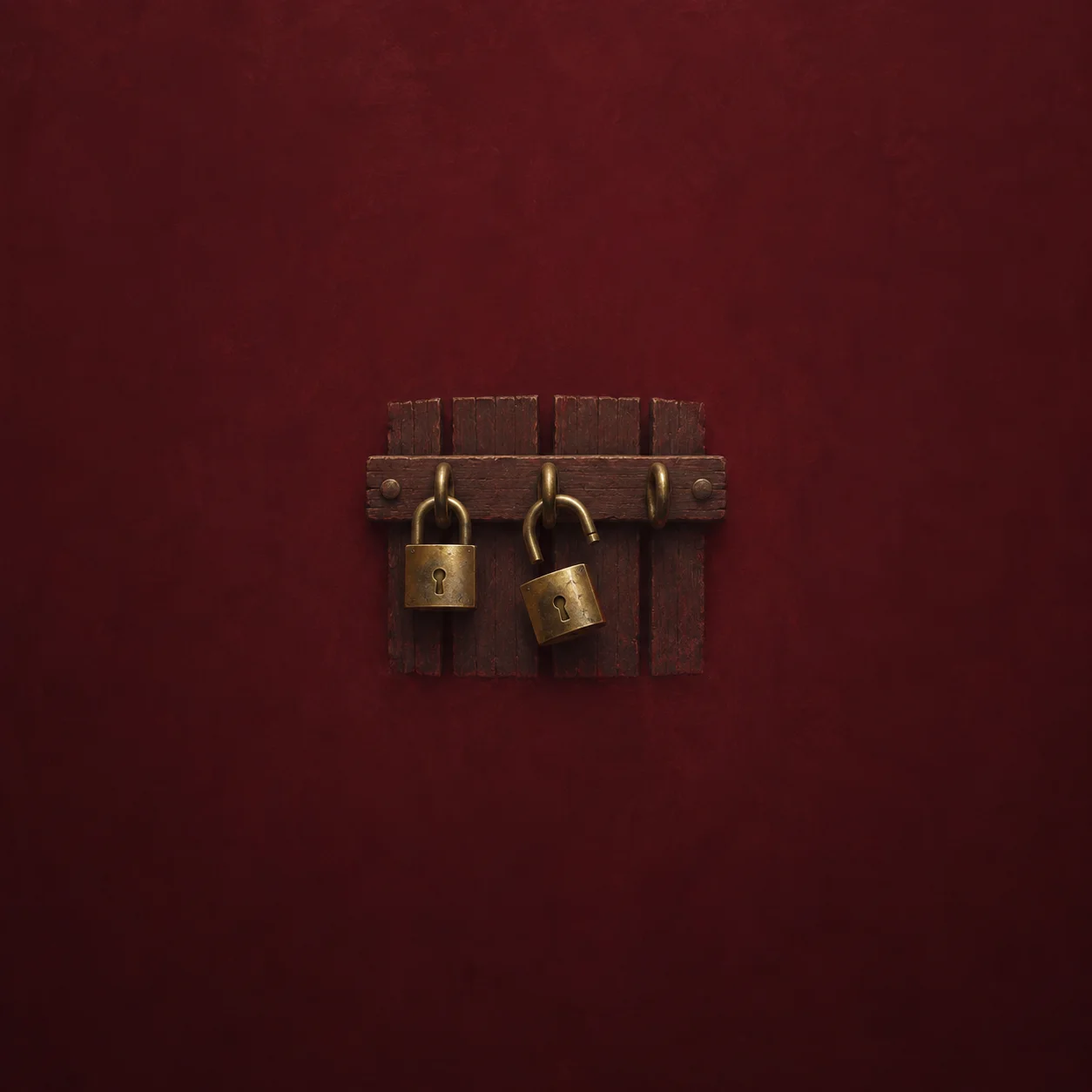Two brass padlocks, one closed and one open, hang from a wooden latch beside an empty hook.