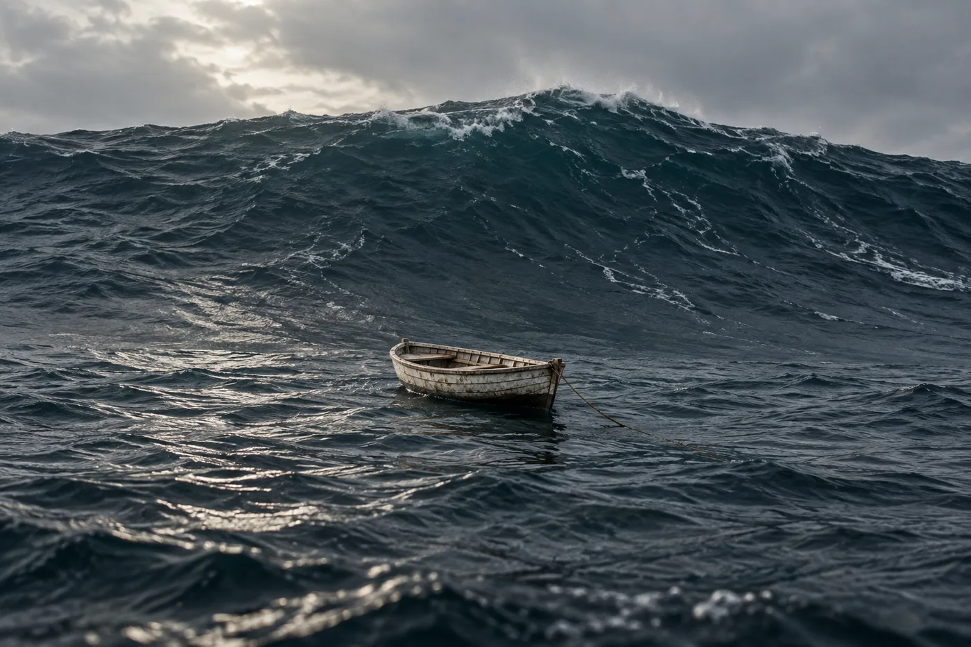 A small empty wooden dinghy floats in front of an immense dark swell.