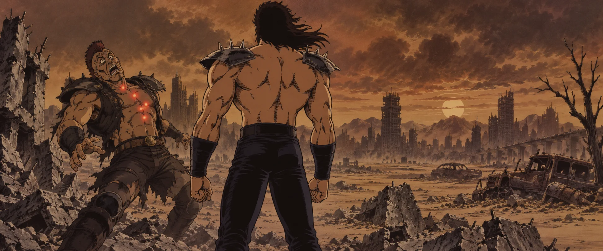 Anime illustration: a muscular, shirtless martial artist in spiked shoulder guards stands with his back to us in a ruined wasteland, facing a punk raider frozen in shock, glowing pressure points on his chest.