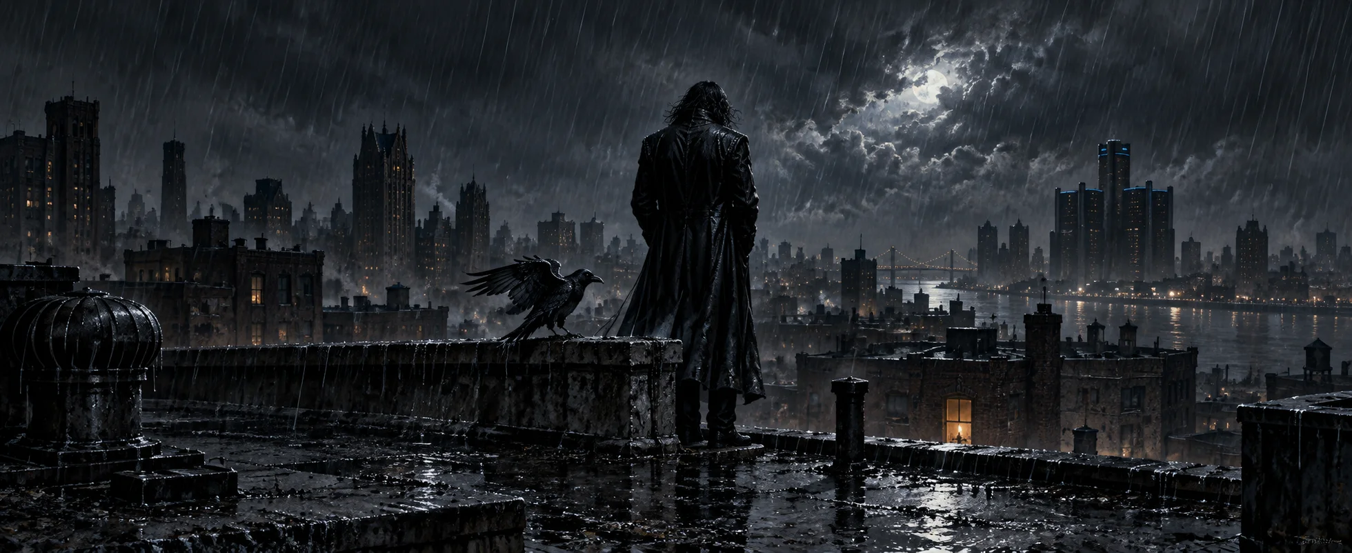 A figure in a long black coat stands on a rain-soaked Detroit rooftop at night beside a crow on the parapet.