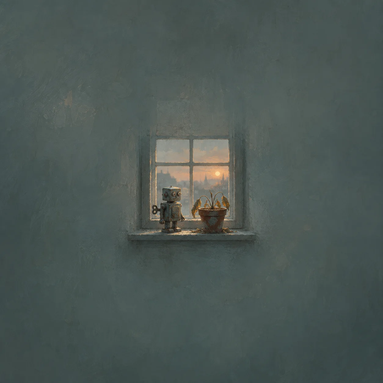 A small metal toy robot stands beside a wilted potted plant on a windowsill in fading light.