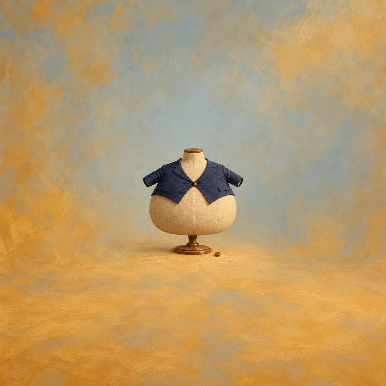 A wide rounded cloth tailor dress form wears an absurdly small blue jacket, with a wooden base and loose brass button on muted ochre and pale-blue ground.