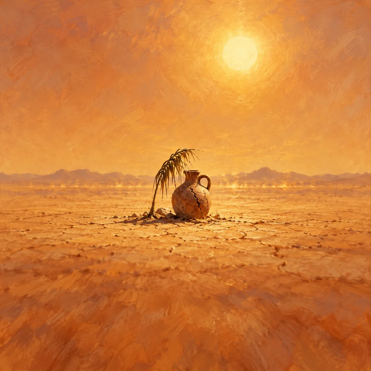 A wilted palm frond leans over a cracked clay jug on dry earth beneath a bright orange sun.