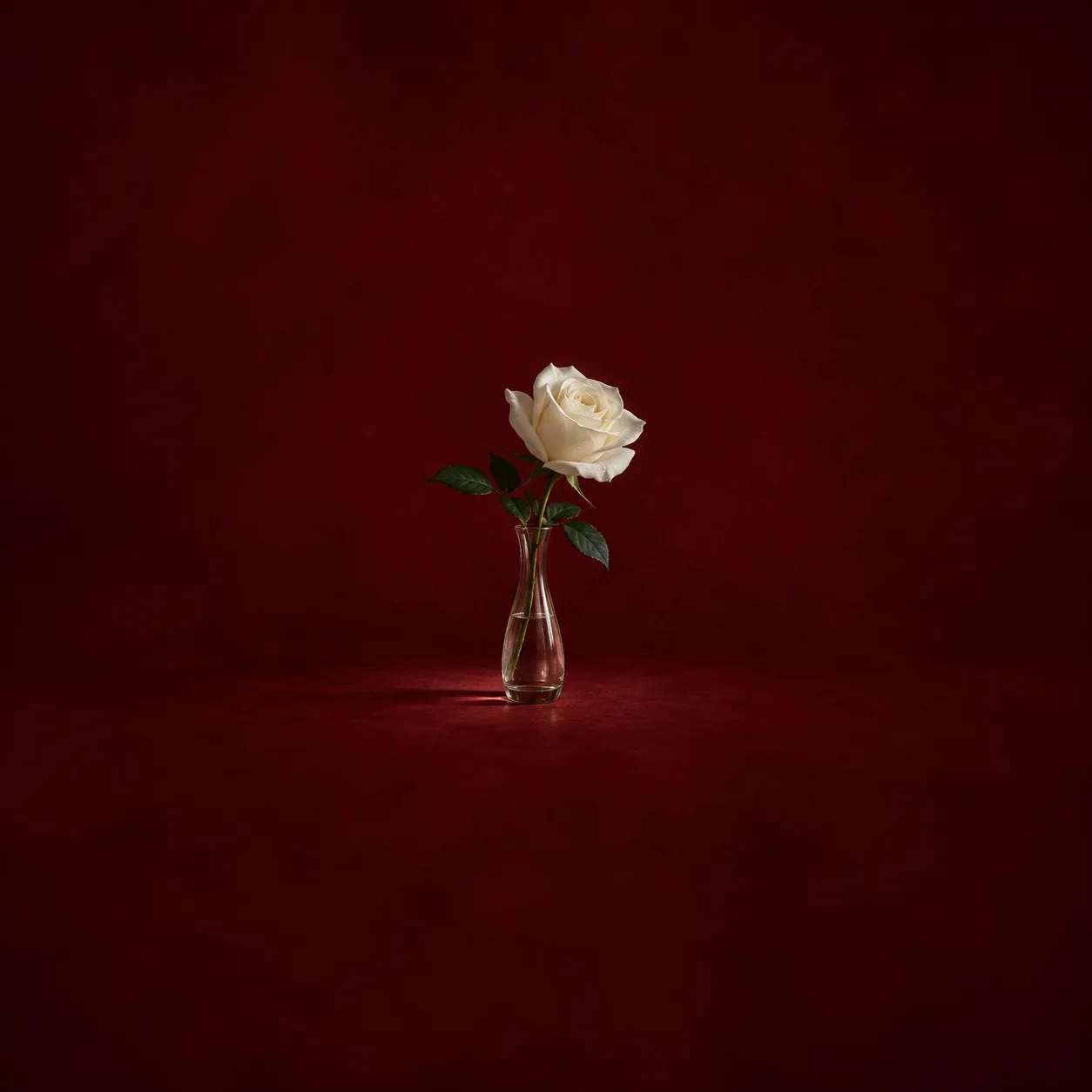 A single white rose stands in a slender clear vase against a dark burgundy background.